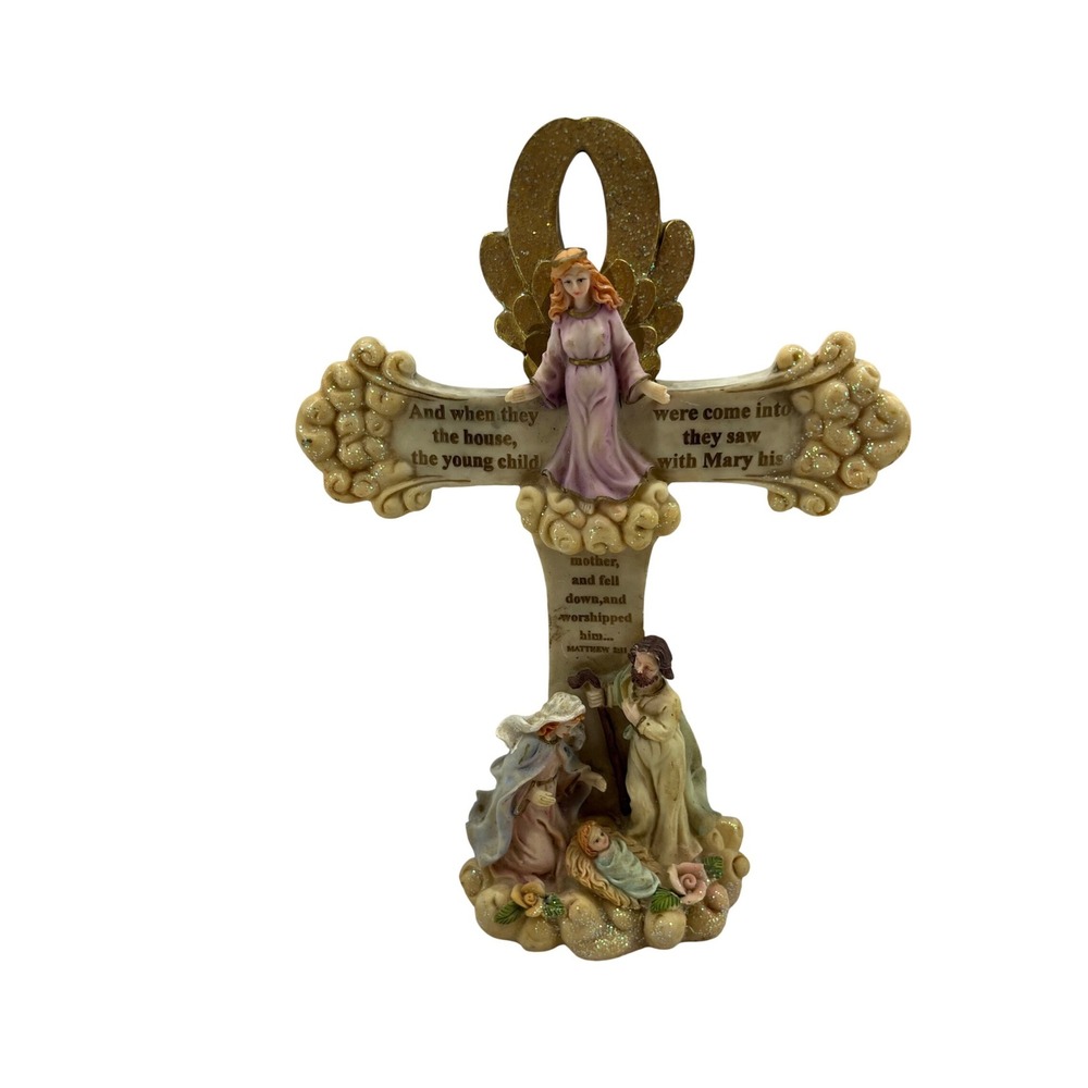 Nativity Scene Religious Cross Figurine‎ Matthew 2:11 Angel Holy Family 10 Inch